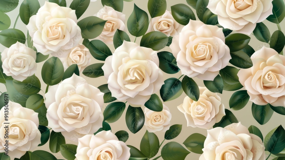 Elegant White Roses with Green Leaves Elegant White Roses with Green Leaves