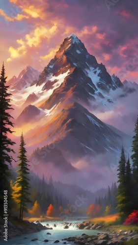 This exquisite painting captures the serene beauty of majestic mountains reflected in a tranquil lake, inviting viewers to immerse themselves in nature's splendor