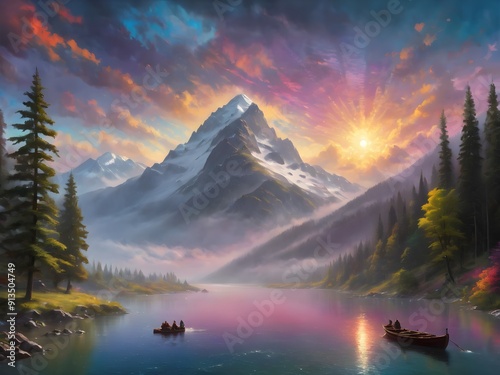 This exquisite painting captures the serene beauty of majestic mountains reflected in a tranquil lake, inviting viewers to immerse themselves in nature's splendor