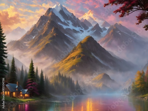 This exquisite painting captures the serene beauty of majestic mountains reflected in a tranquil lake, inviting viewers to immerse themselves in nature's splendor