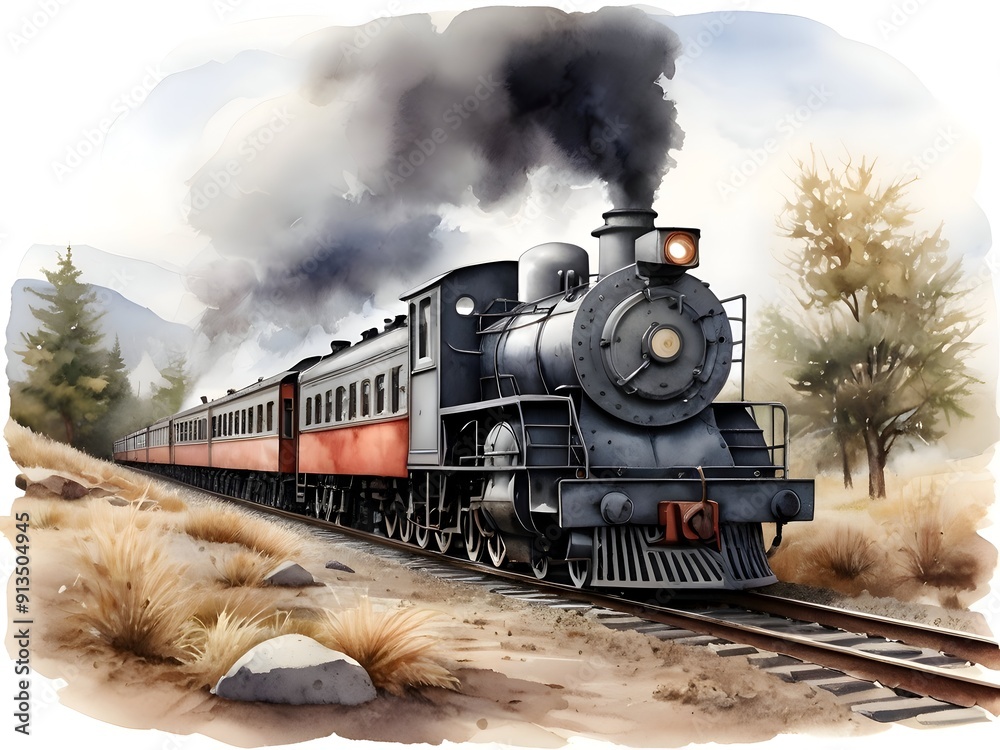Obraz premium Train Watercolor Landscape Nature Art