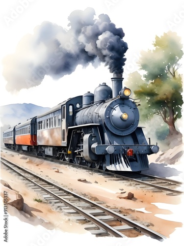 Train Watercolor Landscape Nature Art