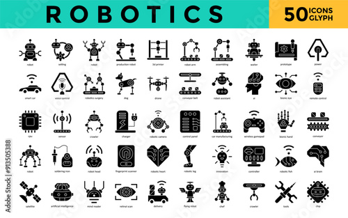 Robotics icons set with robot, setting, production robot, 3d printer, robot arm, assembling, waiter, prototype, power, smart car icon. Simple glyph vector 
