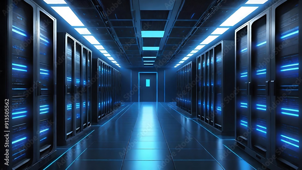 Futuristic data center hallway with black server racks and blue LED lights Futuristic data center hallway with black server racks and blue LED lights