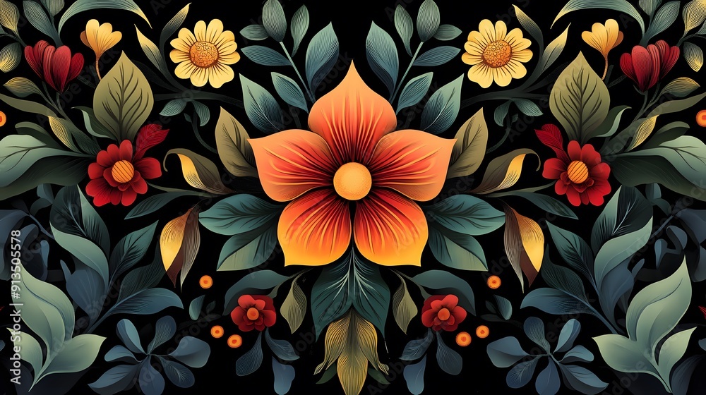 Floral Pattern with Red, Yellow and Orange Flowers on Black Background. Floral Pattern with Red, Yellow and Orange Flowers on Black Background.