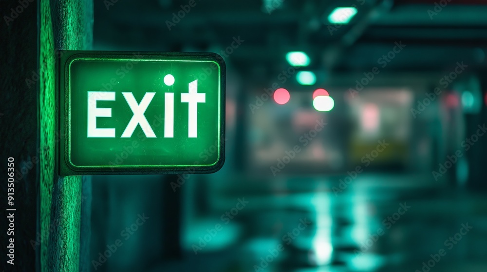 Bright Green Exit Sign in Well-Lit Modern Corridor Bright Green Exit Sign in Well-Lit Modern Corridor