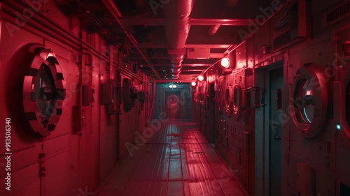 Red lit industrial corridor