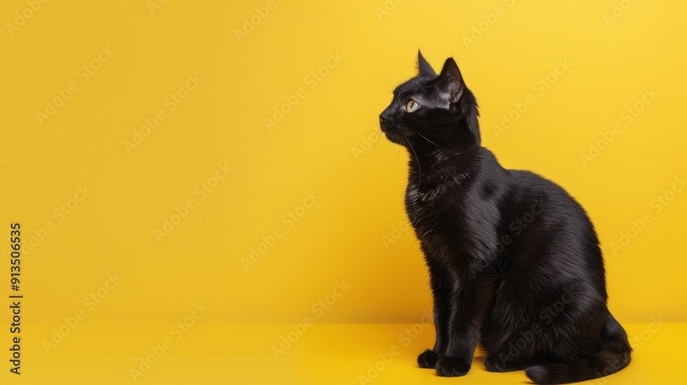 Obraz premium Black Cat Posing Against Yellow Background