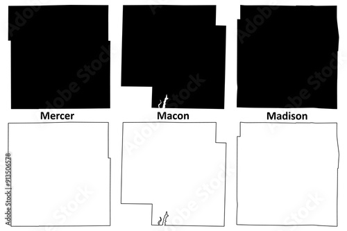 Mercer, Macon and Madison County, Missouri (U.S. county, United States of America, USA, U.S., US) map vector illustration, scribble sketch map