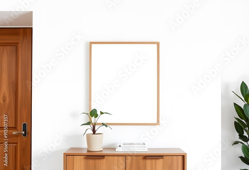 A modern living room with with poster frame a white sectional sofa, a wooden coffee table, and a blank framed wall art on the peach-colored wall