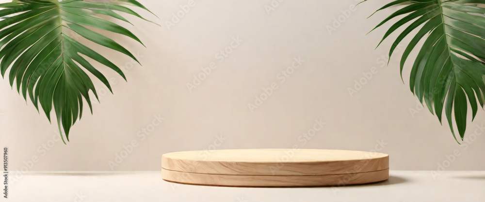 Minimal natural wood podium with green palm leaf with sunlight background. Minimal wooden stand for branding and packaging presentation Minimal natural wood podium with green palm leaf with sunlight background. Minimal wooden stand for branding and packaging presentation