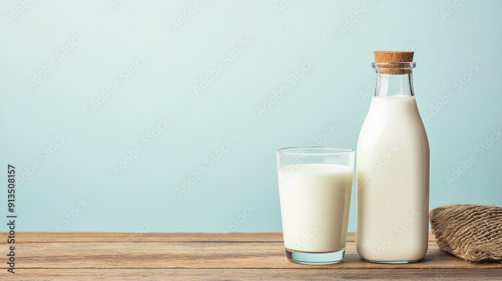 A bottle and glass of fresh milk placed on a wooden table with a light blue background, symbolizing health and simplicity.
A bottle and glass of fresh milk placed on a wooden table with a light blue background, symbolizing health and simplicity.