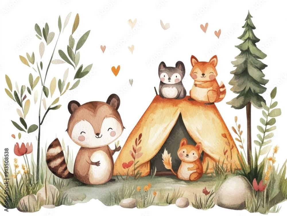 Naklejka premium Charming watercolor depicting a cozy camping scene with a group of adorable animal friends embarking on an outdoor hiking adventure in a serene natural landscape