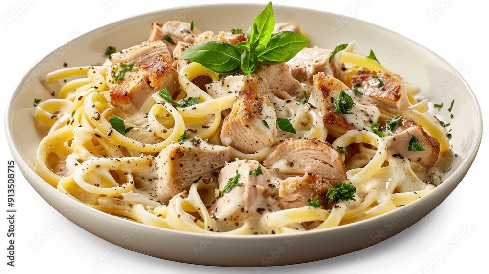 Chicken Alfredo, 3D illustration, realistic, isolated on white background Chicken Alfredo, 3D illustration, realistic, isolated on white background