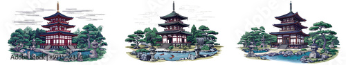 Set of 3 Tranquil Japanese Pagoda and Garden Illustration with Koi Pond, Bonsai, Stone Lanterns