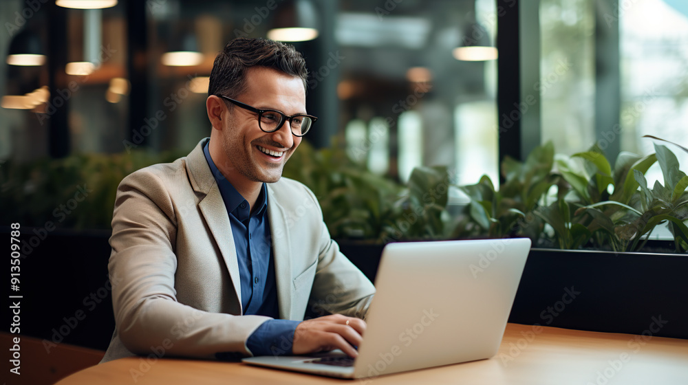 Obraz premium Cheerful male businessman working on a laptop in a modern office