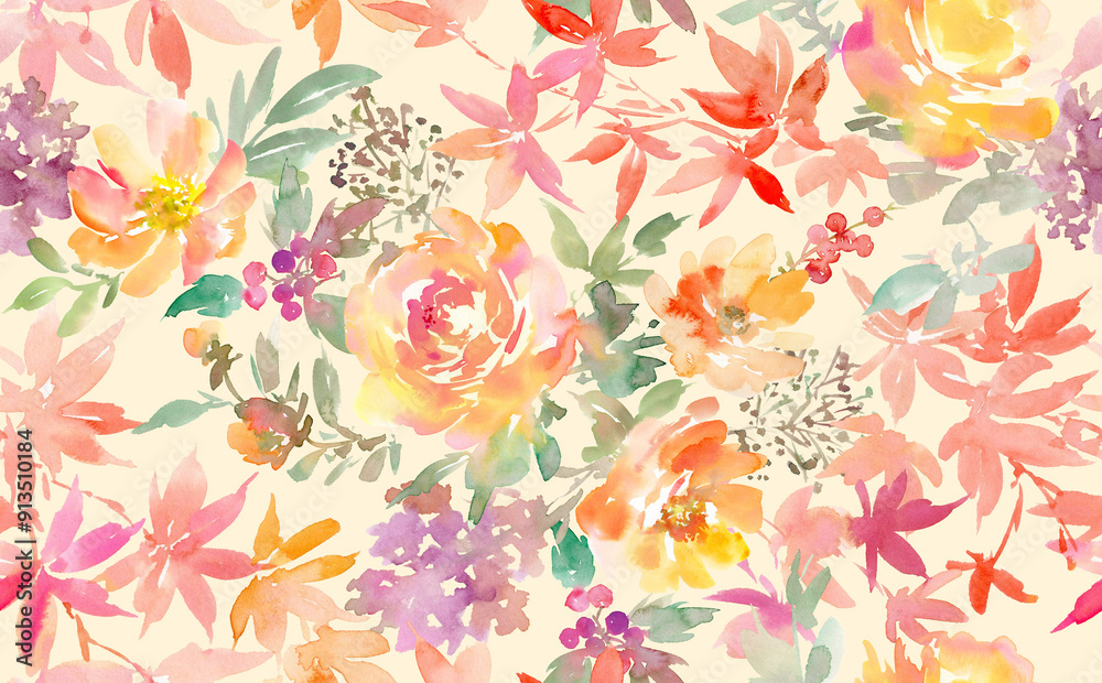 Obraz premium Seamless pattern of abstract autumn leaves and autumn flowers painted in watercolor. Autumn botanical pattern in watercolor. Wallpaper of autumn flowers painted in watercolor.