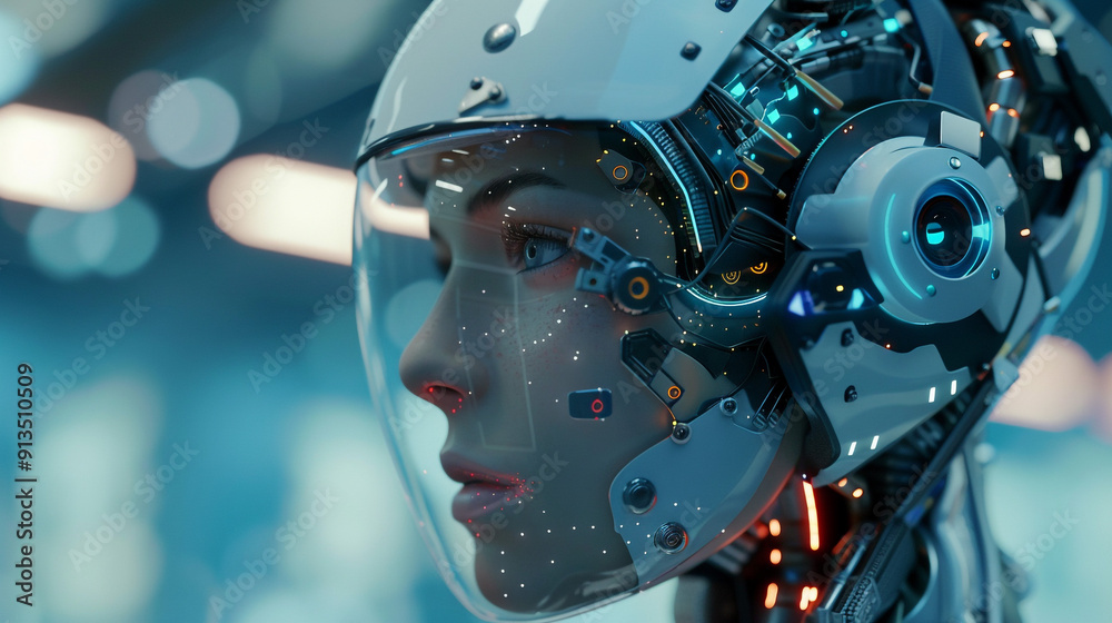 Cyborg head using artificial intelligence to create humanoid head with futuristic helmeted figure Cyborg head using artificial intelligence to create humanoid head with futuristic helmeted figure