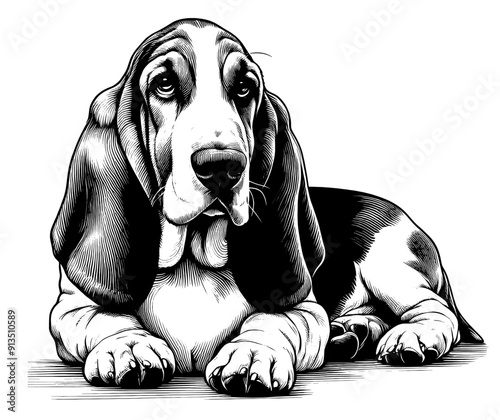 Hand drawn Cute Basset Hound dog in full-body, vector sketch isolated on white background.