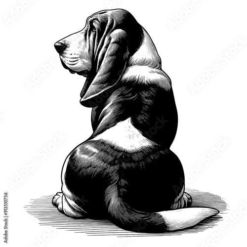Hand drawn Cute Basset Hound dog in full-body, vector sketch isolated on white background.