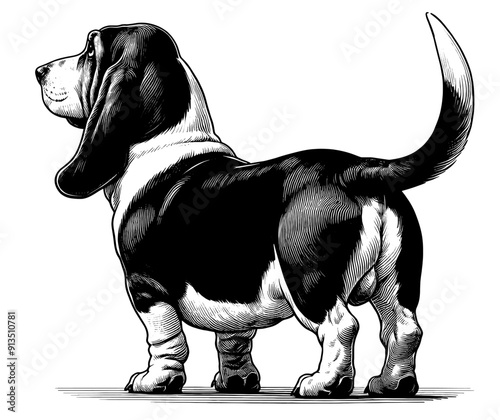 Hand drawn Cute Basset Hound dog in full-body, vector sketch isolated on white background.