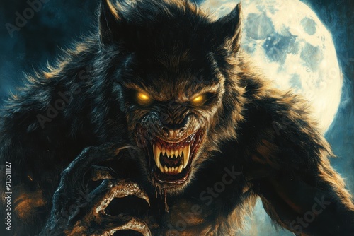 A terrifying werewolf with glowing yellow eyes and bloodstained fangs roars under a full moon, exuding primal rage and fear. photo