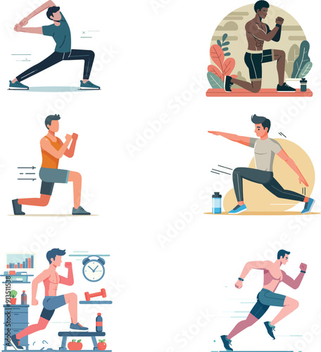set collection male fitness aerobic sport gym vector in flat design