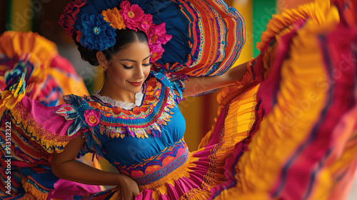 A woman gracefully dances in a colorful traditional dress in motion, with flowing fabric in the background. Traditional dance performance concept. Hispanic Heritage Month.