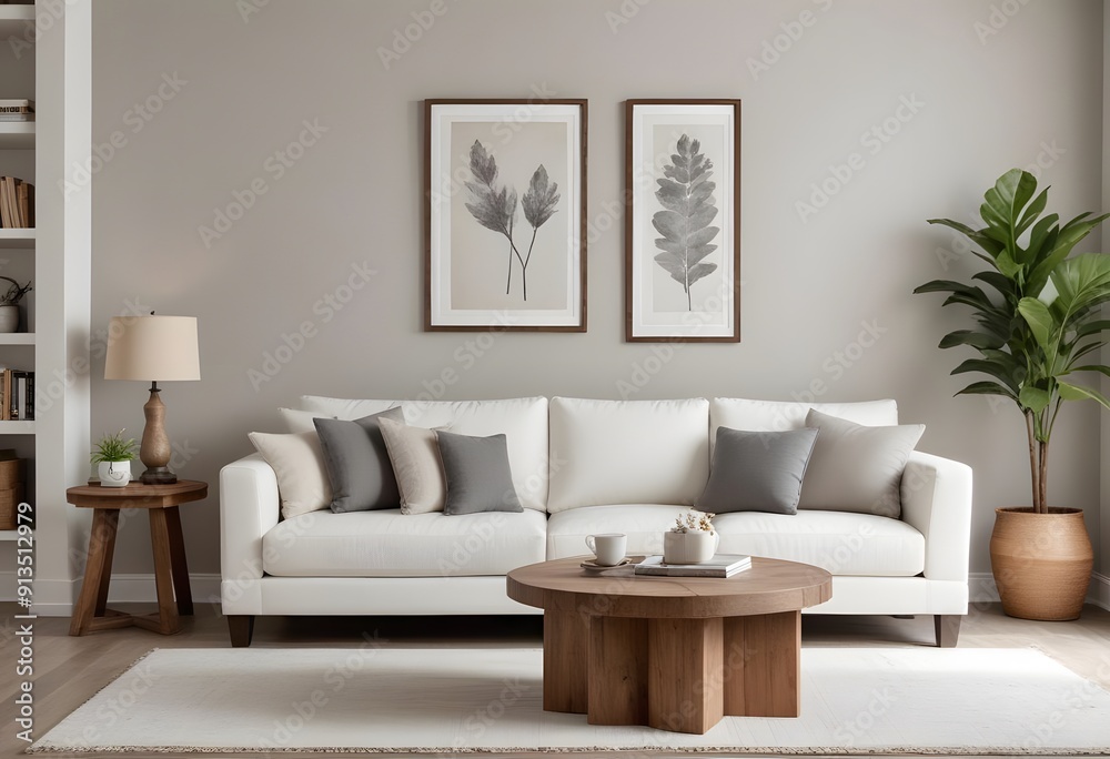 A minimalist living room with a white sofa and photo frame, a wooden side table with a fruit bowl, and a blank wooden frame on the wall A minimalist living room with a white sofa and photo frame, a wooden side table with a fruit bowl, and a blank wooden frame on the wall
