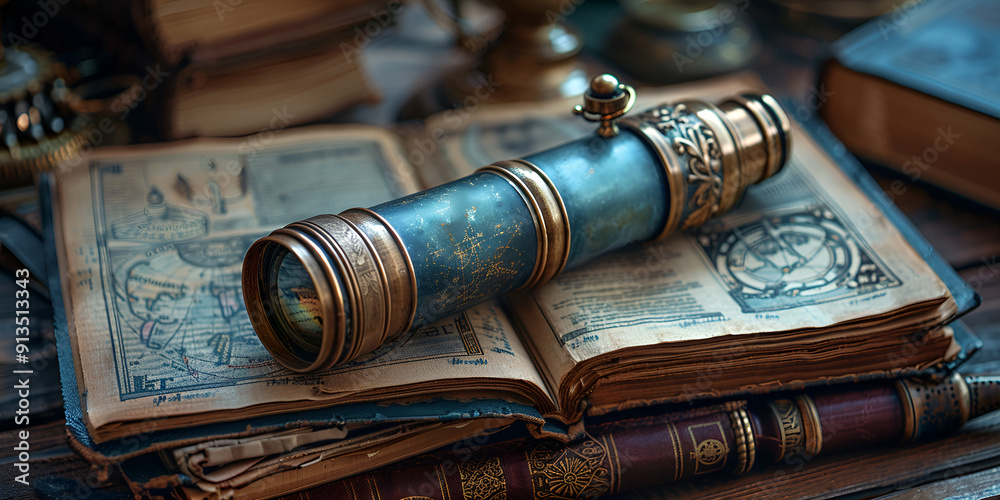 Telescope atop an antique book, symbolizing knowledge and exploration Telescope atop an antique book, symbolizing knowledge and exploration