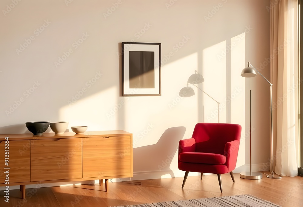 A mid-century modern living room with a wooden credenza, a framed artwork on the wall, and a red armchair A mid-century modern living room with a wooden credenza, a framed artwork on the wall, and a red armchair