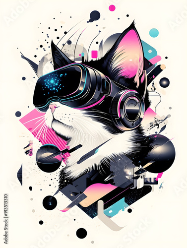 cat cyberpunk wearing VR glasses.Generative Ai Illustration