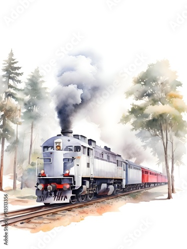 Train Watercolor Landscape Nature Art