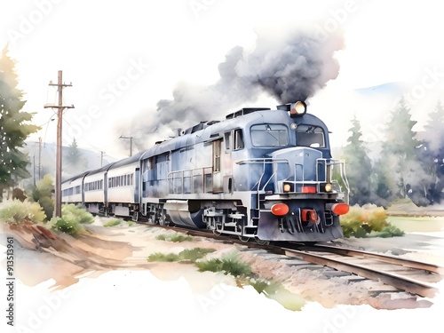 Train Watercolor Landscape Nature Art