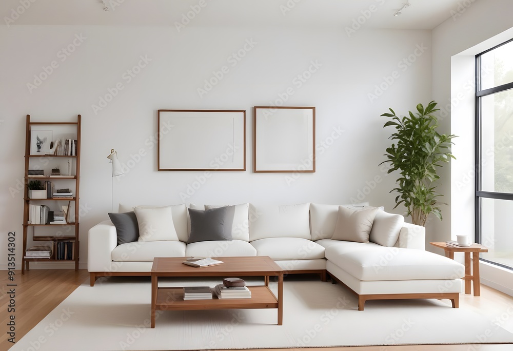 A minimalist living room with blank framed wall art a white sofa, wooden furniture, A minimalist living room with blank framed wall art a white sofa, wooden furniture,