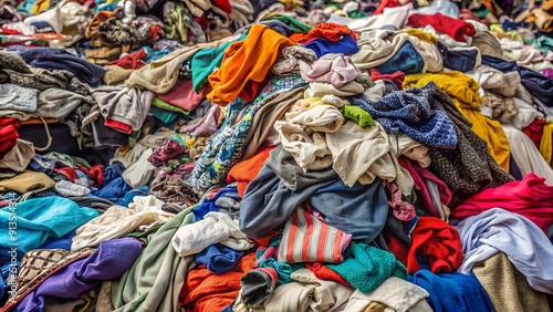 A pile of old used clothing and textiles. Fast fashion and clothing recycling