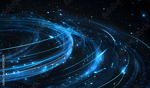 Abstract lines of shiny circles on a dark blue background. Geometric design of the strip line. Bright, modern blue lines. Futuristic technology concept design. Suitable for post, technology, design, 