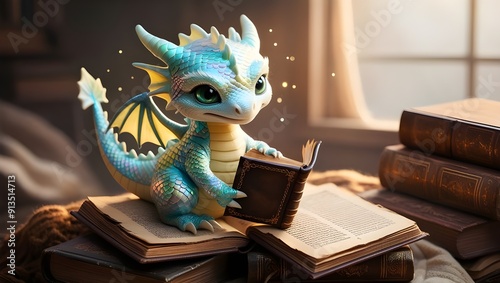 A playful diminutive dragon reading a book.generative.ai 