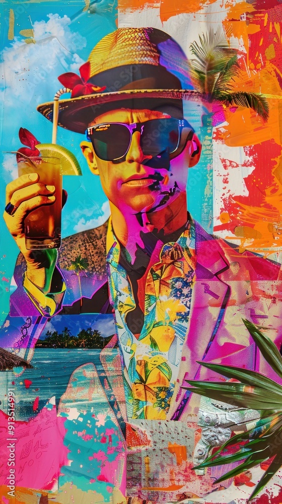 Fototapeta premium Tropical Man with Sunglasses and a Cocktail