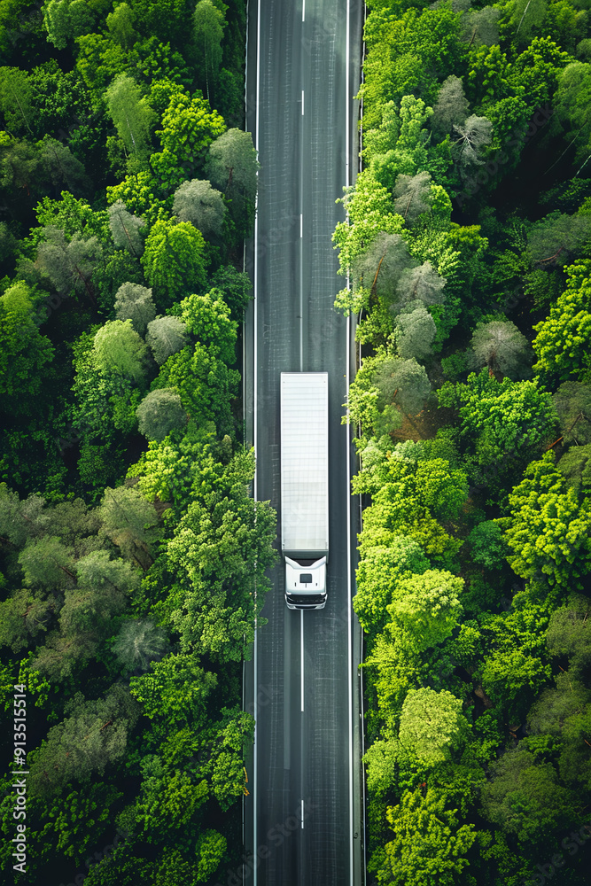 Aerial top view of a car and truck driving on a highway road in a green forest. Sustainable transport with a drone view of a hydrogen energy truck on asphalt Aerial top view of a car and truck driving on a highway road in a green forest. Sustainable transport with a drone view of a hydrogen energy truck on asphalt