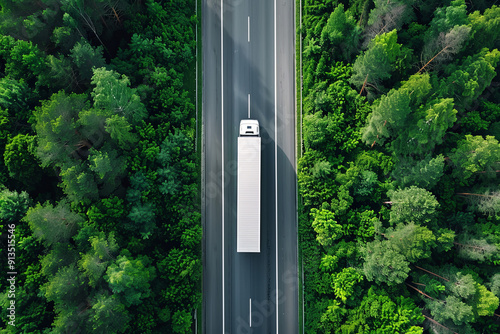 Aerial top view of a car and truck driving on a highway road in a green forest. Sustainable transport with a drone view of a hydrogen energy truck on asphalt photo