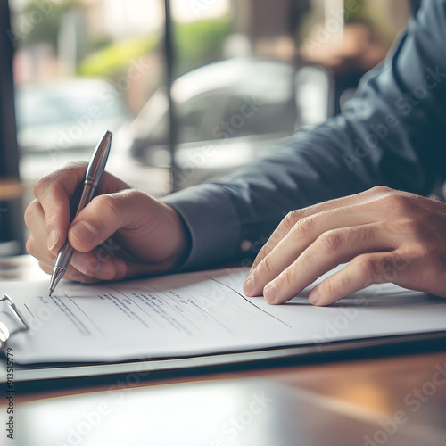 Man signing car insurance document or lease paper. Writing signature on contract or agreement. Buying or selling new or used vehicle. Man signing documents in an office with a car in the background.