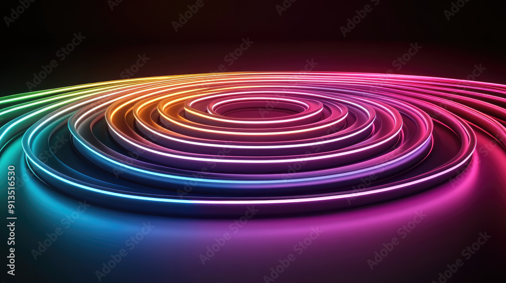 Fototapeta premium Vibrant abstract design featuring colorful concentric circles illuminated by neon lights on a dark background.