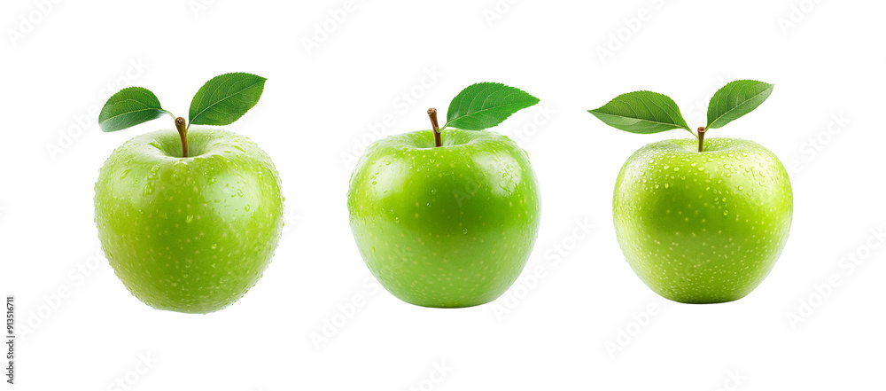 Set of green apples with leaves isolated on white background, Set of green apples with leaves isolated on white background,