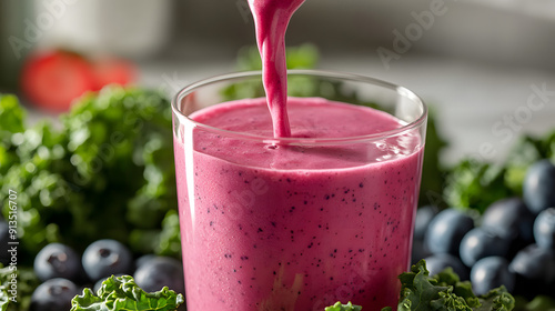 Close-Up of Gut-Friendly Smoothie with Kale, Blueberries, Pouring into Glass with Probiotic Yogurt Visibility