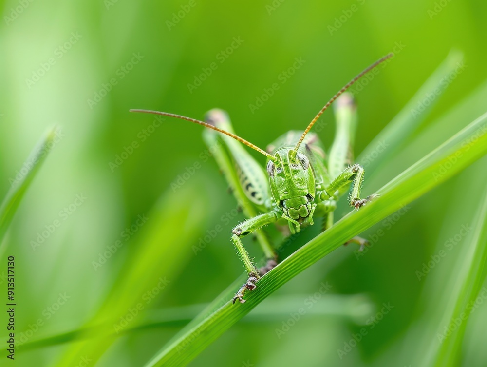 A close-up of a vibrant green grasshopper perched on a slender blade of grass, showcasing its detailed features in a lush environment. A close-up of a vibrant green grasshopper perched on a slender blade of grass, showcasing its detailed features in a lush environment.