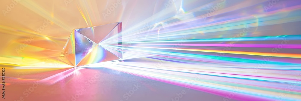 a prism with white light going in on side and multi colour light coming out. a prism with white light going in on side and multi colour light coming out.