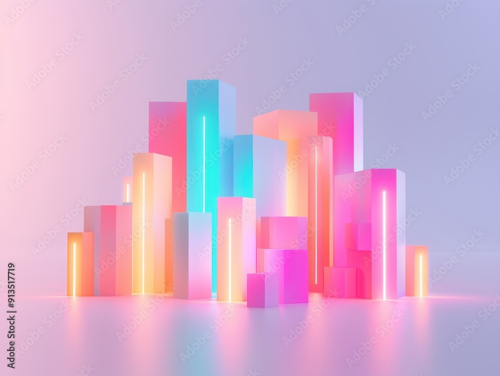 A vibrant arrangement of colorful geometric shapes, creating a modern, digital city skyline in pastel hues. A vibrant arrangement of colorful geometric shapes, creating a modern, digital city skyline in pastel hues.