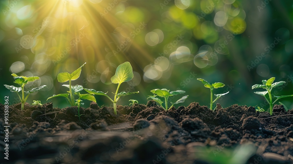 The seedling are growing from the rich soil The seedling are growing from the rich soil
