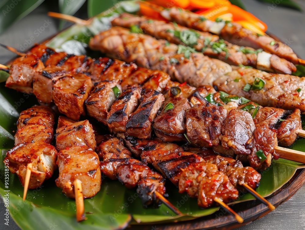 Delicious variety of grilled skewers served on a platter, showcasing vibrant colors and mouth-watering textures. Delicious variety of grilled skewers served on a platter, showcasing vibrant colors and mouth-watering textures.